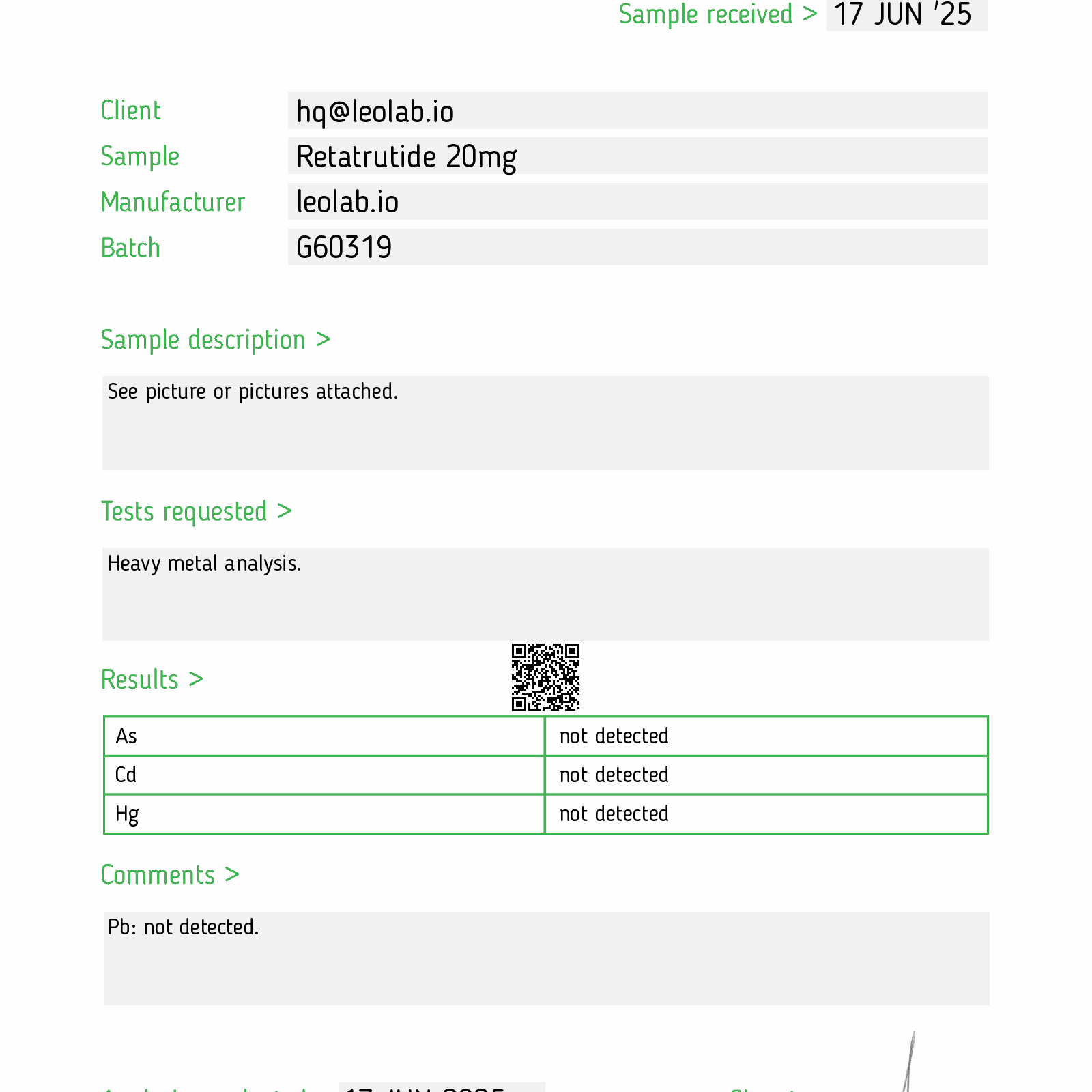 Retatrutide 20mg 3-rd party test report #68251