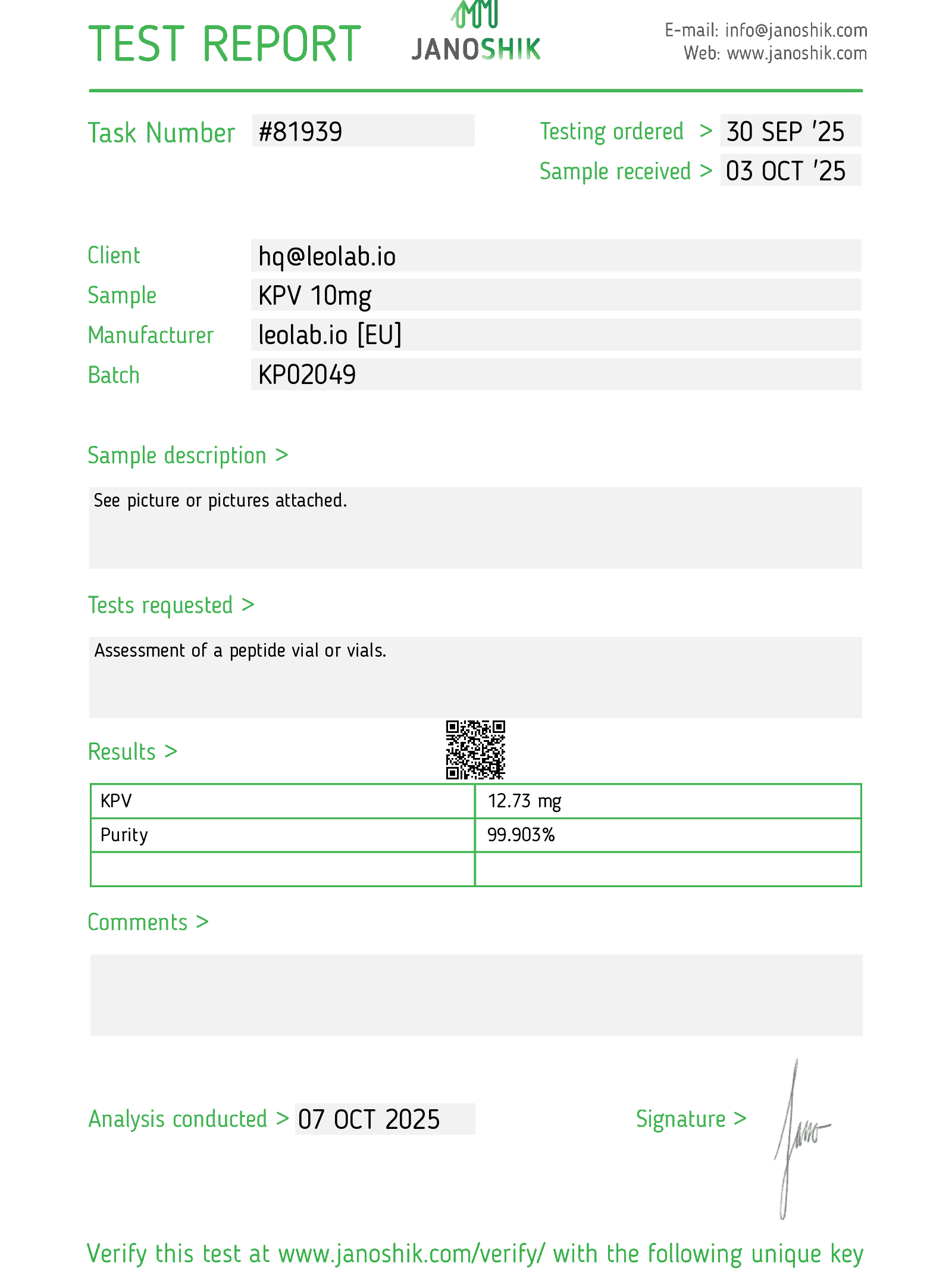 KPV 10mg 3rd party test results
