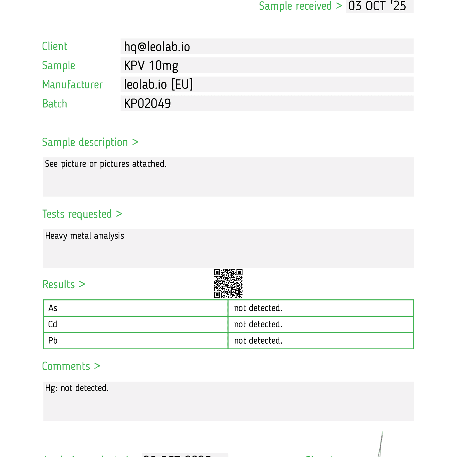 KPV 10mg 3rd party test results
